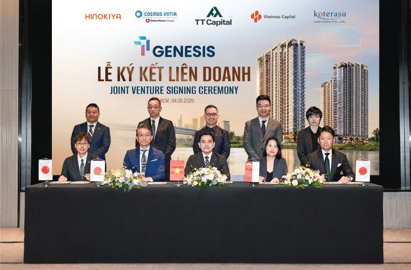 5 liên doanh gồm: Cosmos Initia, Tập đoàn Hinokiya, Tập đoàn Koterasu, Vietmax Capital và TT Capital chính thức “bắt tay” kí kết phát triển dự án TT GENESIS tại khu Nam TP. Hồ Chí Minh.